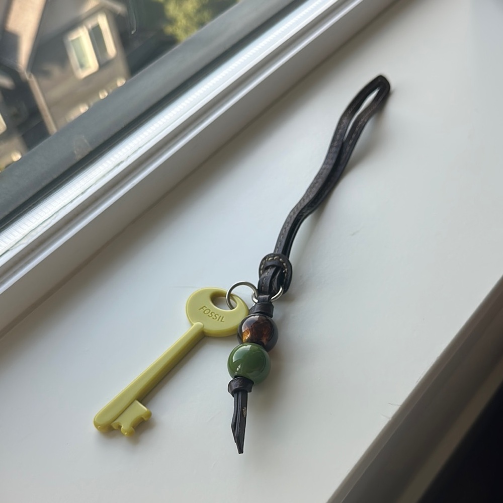Fossil Yellow Keychain with Green and Brown Beads
